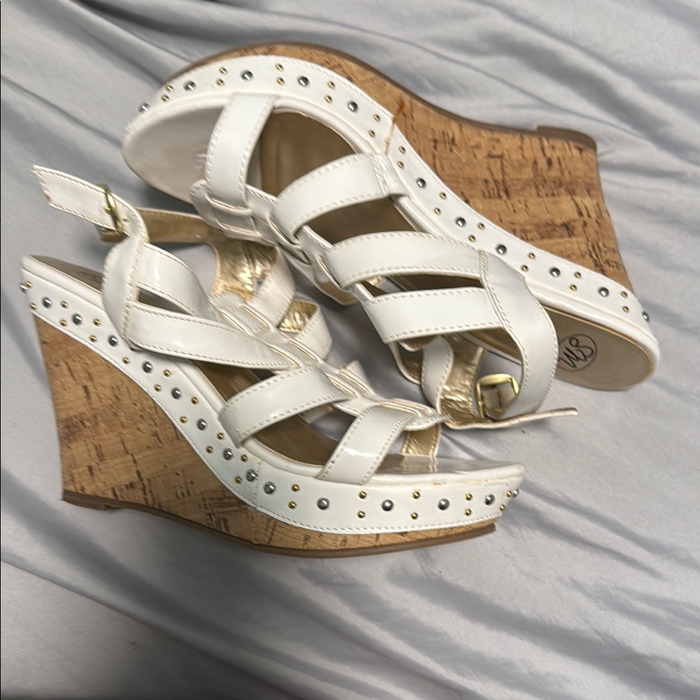 Angels White and Tan Wedge Sandals with Perforated Design